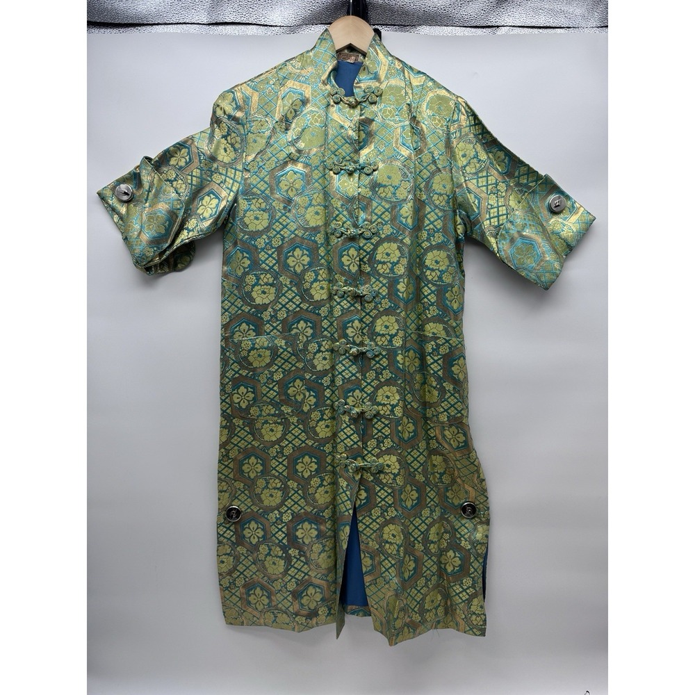 Vintage 1960s Japan Liquid Gold Turquoise Brocade Oriental Evening Duster Coat S